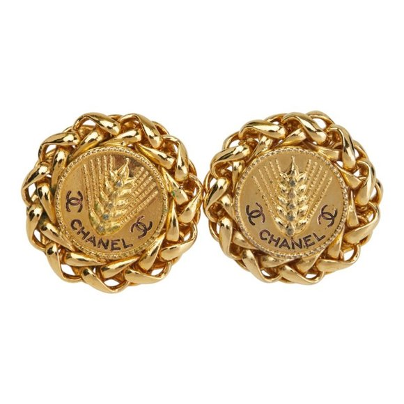 CHANEL Coco Mark Round Wheat and Rice Motif Earrings, Gold Plated, Women's - Picture 2 of 7